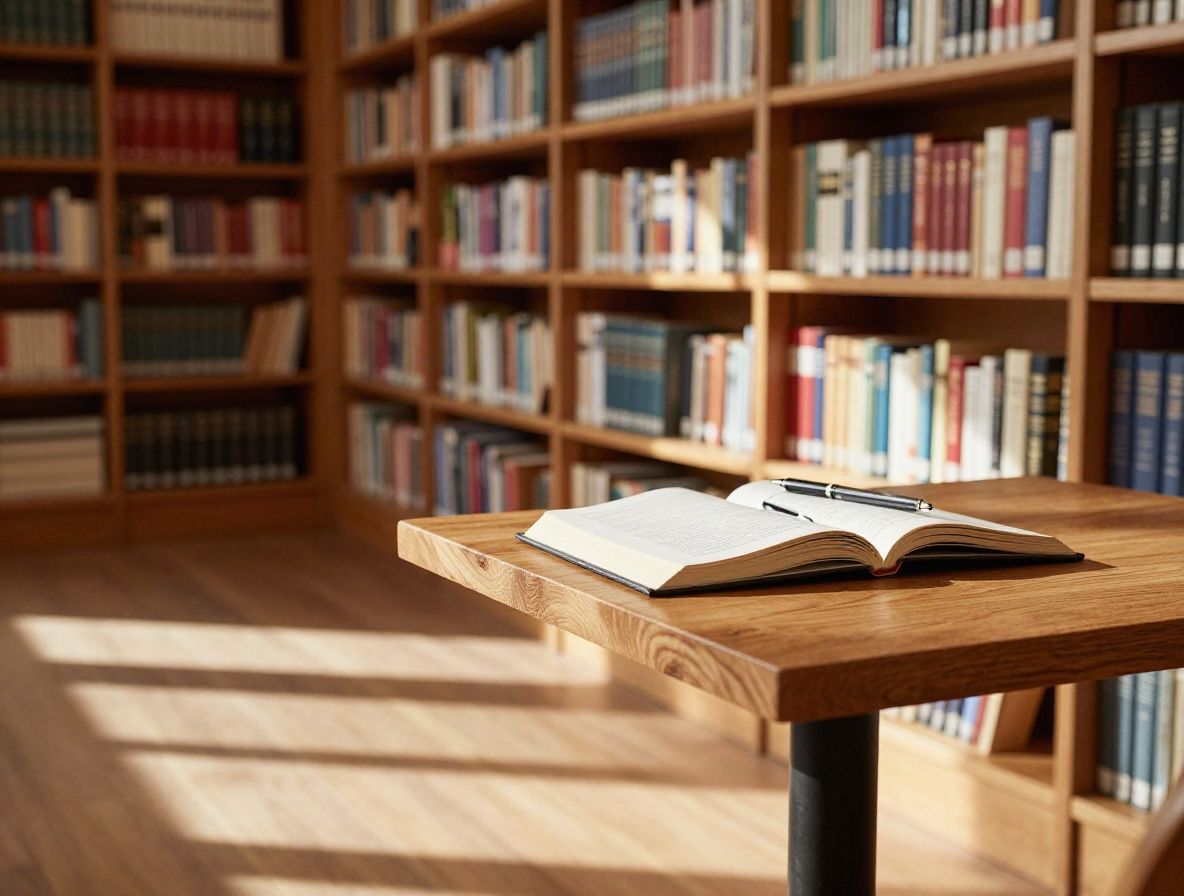Sunlit reading room with tall shelves of reference books, an open journal and pen resting on a clean wooden table, warm afternoon light creating long shadows across the floor