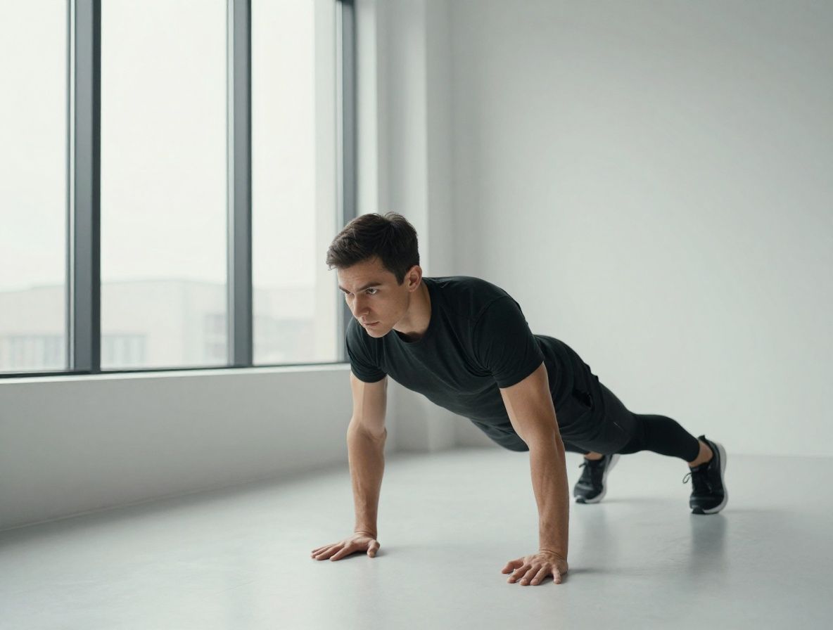 Person performing controlled bodyweight exercise in a minimalist white gym space, focused expression, natural light from a large side window