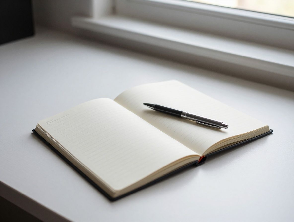 Clean minimal writing desk with an open notebook, uncapped pen resting on a blank page, soft natural daylight entering from a nearby window, calm and quiet atmosphere
