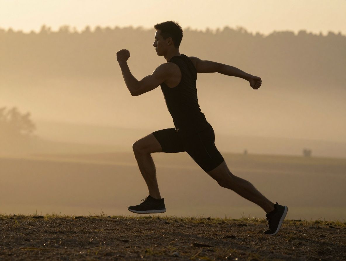 Athletic person in slow deliberate movement practice outdoors in early morning light, silhouette against a soft mist-covered landscape with warm golden tones