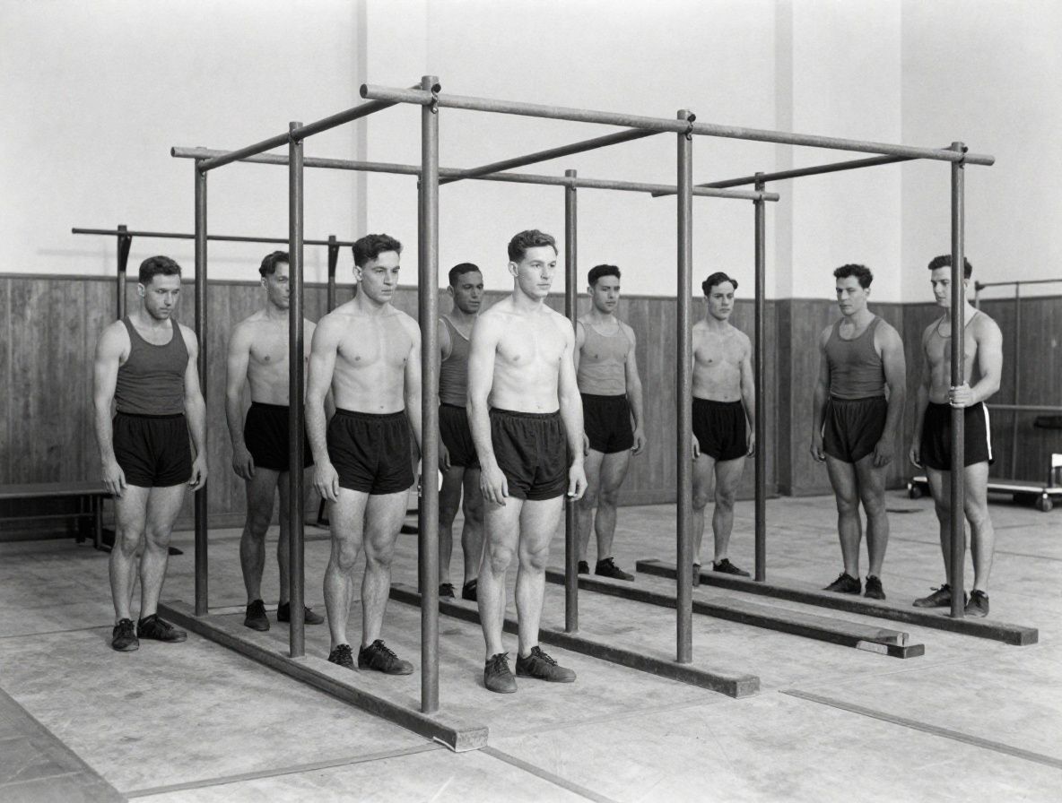 Vintage black and white photograph of early 20th century athletic training facility with parallel bars and gymnastic apparatus, formal posed group of athletes