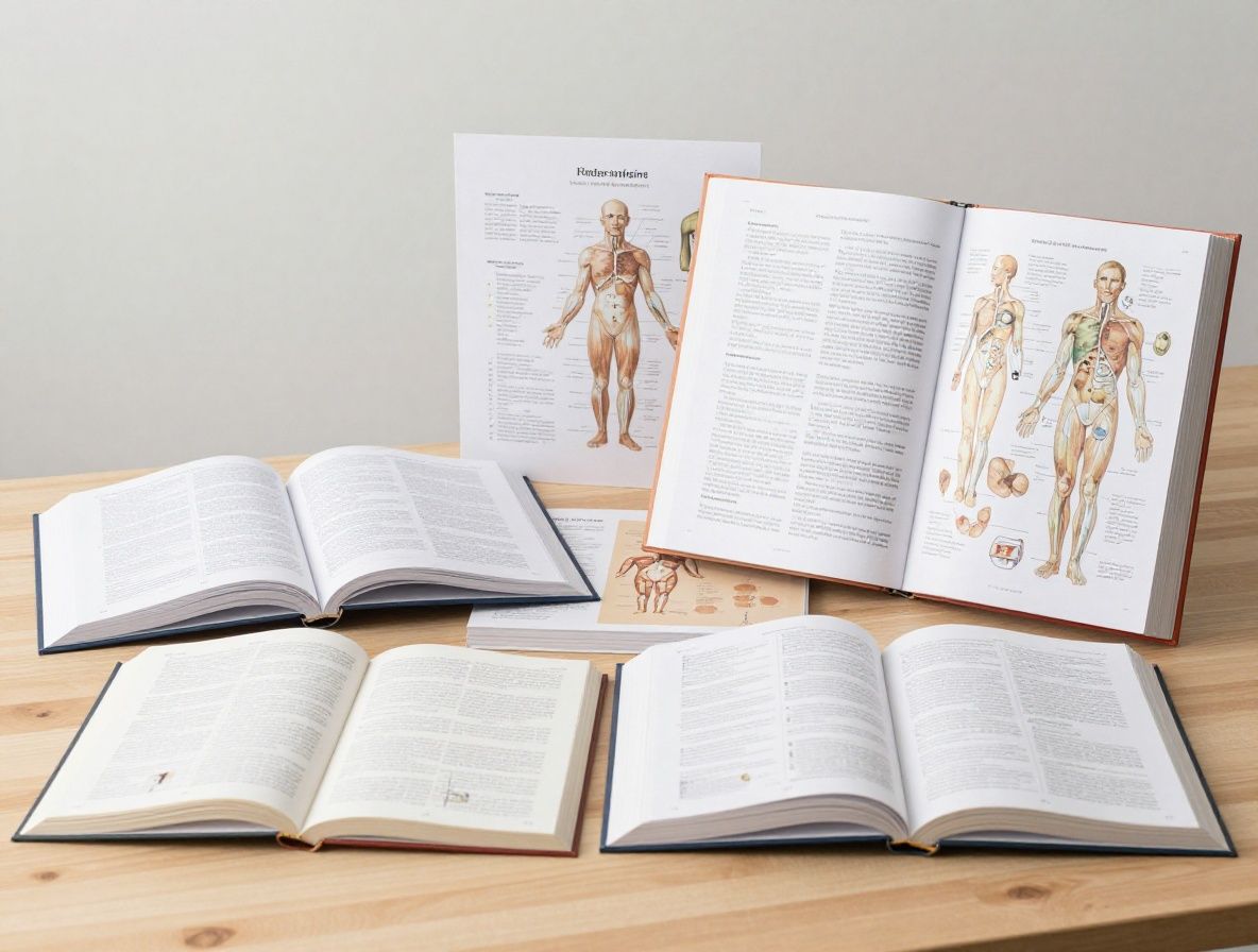 Stack of open reference books and anatomical charts arranged on a light wooden table in soft diffused studio lighting, clean and academic in feel